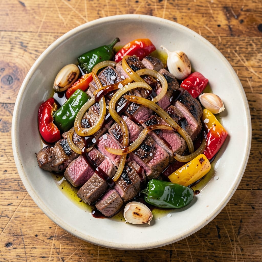 Beef Sizzlers Recipe: Skirt Steak with Charred Peppers and Crispy Onions