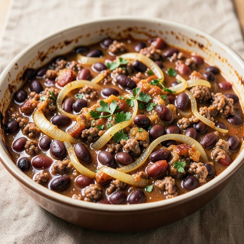 Baked Bean Recipe with Ground Beef and Sausage: Caramelized Onion Crunch and Slow-Simmered Depth