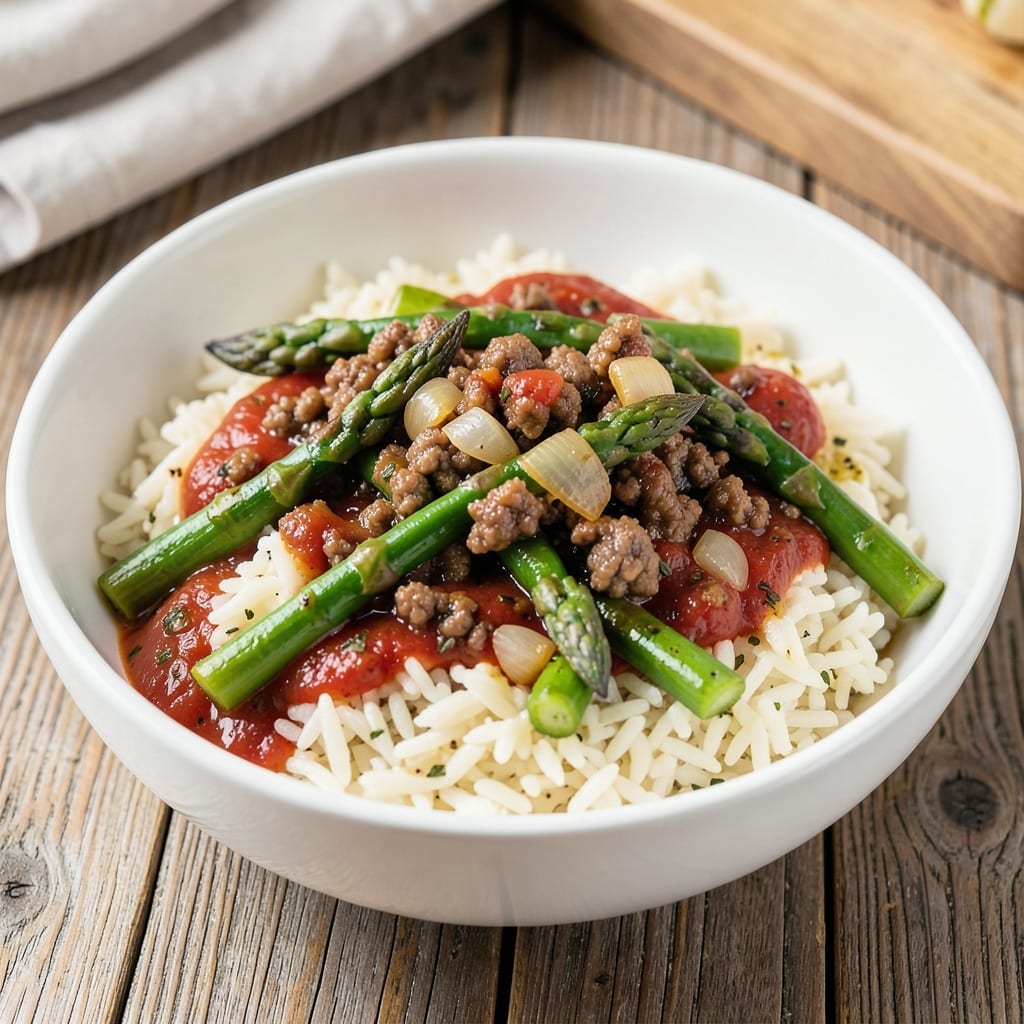 Asparagus Ground Beef and Rice Recipe: One-Pan Umami Crunch with Charred Greens